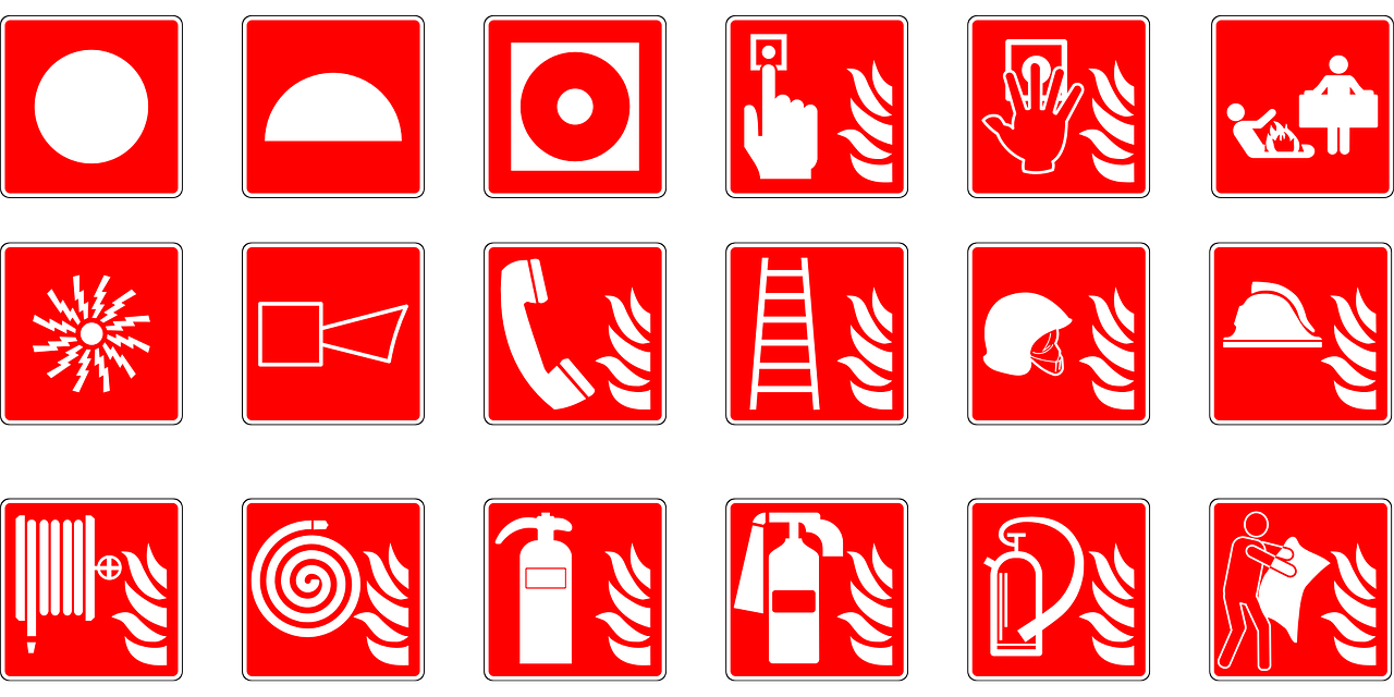 Feuerlöscher und schild mit der darstellung der sicherheit, dringlichkeit,  bereitschaft, rote farbe, prävention, notfall